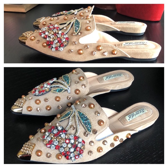 Cherry Rhinestone Khaki Metal Pointed Closed Toe Loafers - Picture 7 of 17